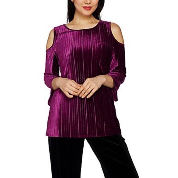 Dennis Basso Pleated Stretch Velvet Cold Shoulder - Picture 1 of 7
